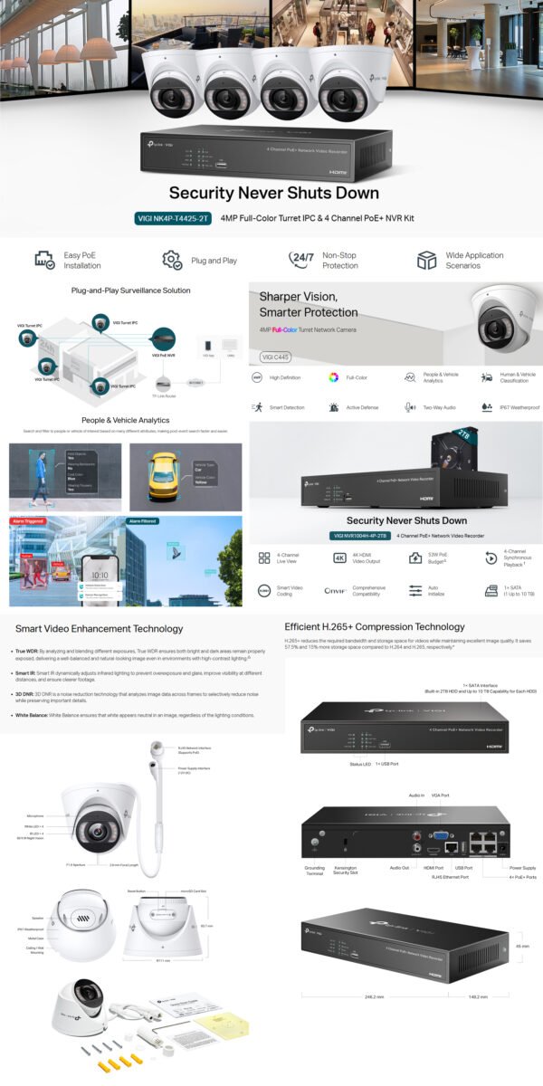 TP-LINK VIGI NK4P-T4425-2T 4pcs 4MP Full-Color Turret IPC & 4 Channel PoE+ NVR KIT with 2TB HDD installed - Image 5