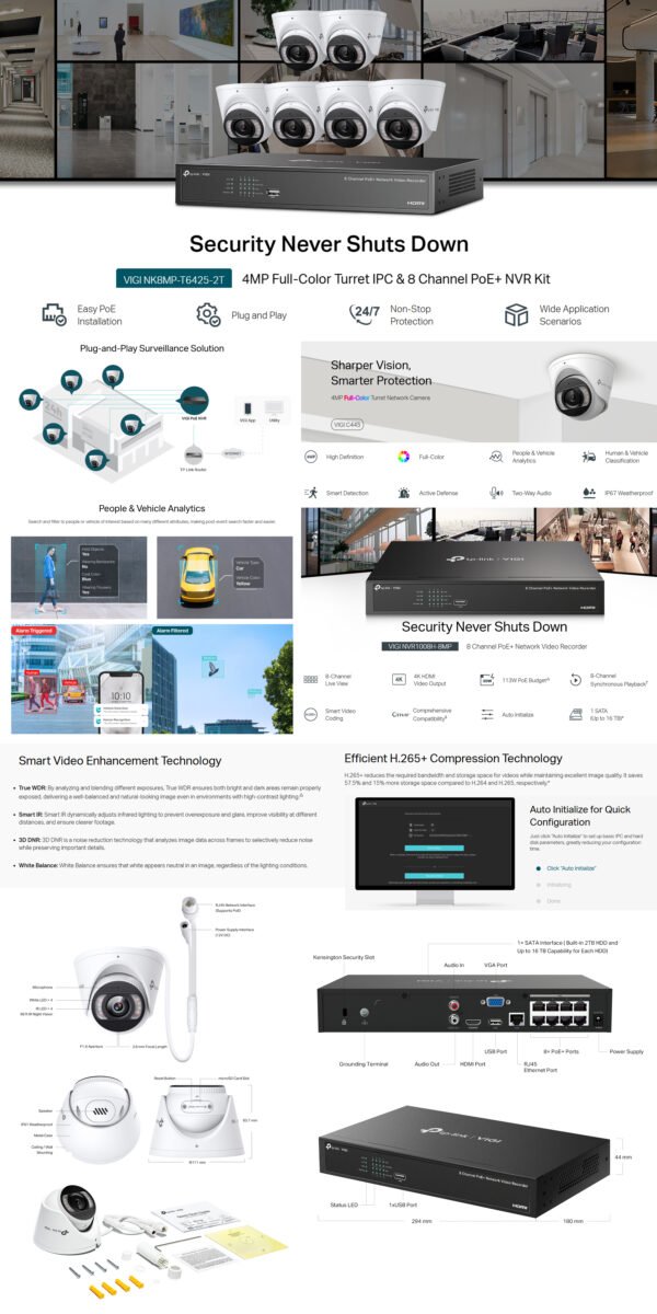 TP-LINK VIGI NK8MP-T6425-2T 6pcs 4MP Full-Color Turret IPC & 8 Channel PoE+ NVR KIT with 2TB HDD installed - Image 5