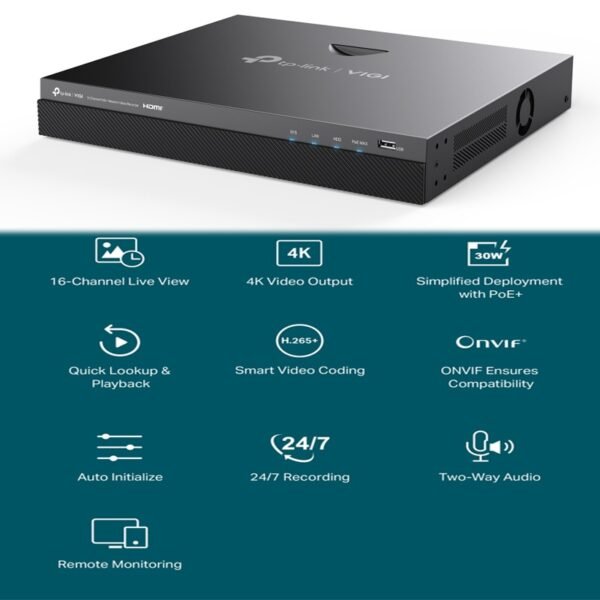 TP-Link VIGI NVR2016H-16P 16 Channel 4K PoE+ Network Video Recorder - Image 3